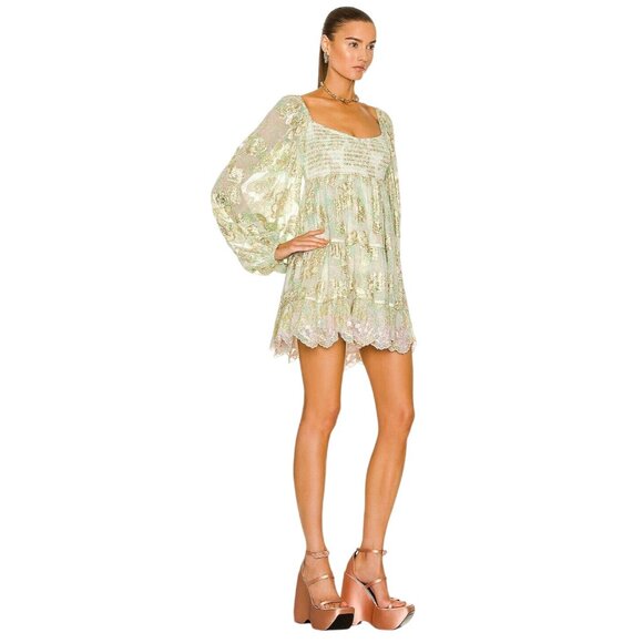 HEMANT AND NANDITA Sidra Mini Dress in Sea Green X-Small New Womens Metallic - Picture 1 of 12